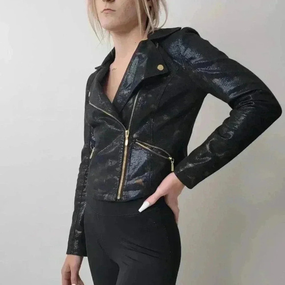 Rock & Republic Metallic Snake Skin Vegan Leather Moto Jacket - S - Picture 4 of 11